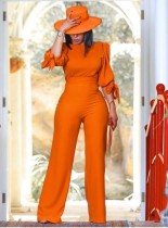 Set 2 pezzi con top e pantaloni arancioni eleganti con maniche a sbuffo autunnali