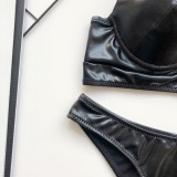 Black Leather Straps Cut Out Swimwear