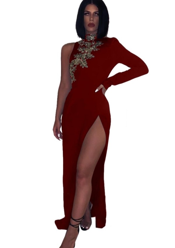 Sequins Slit Evening Dress with Single Sleeve