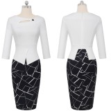 Print White and Black Peplum Office Dress