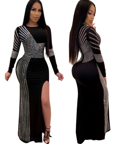 Black and Silver Sequins Slit Evening Dress with Sleeves