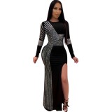 Black and Silver Sequins Slit Evening Dress with Sleeves