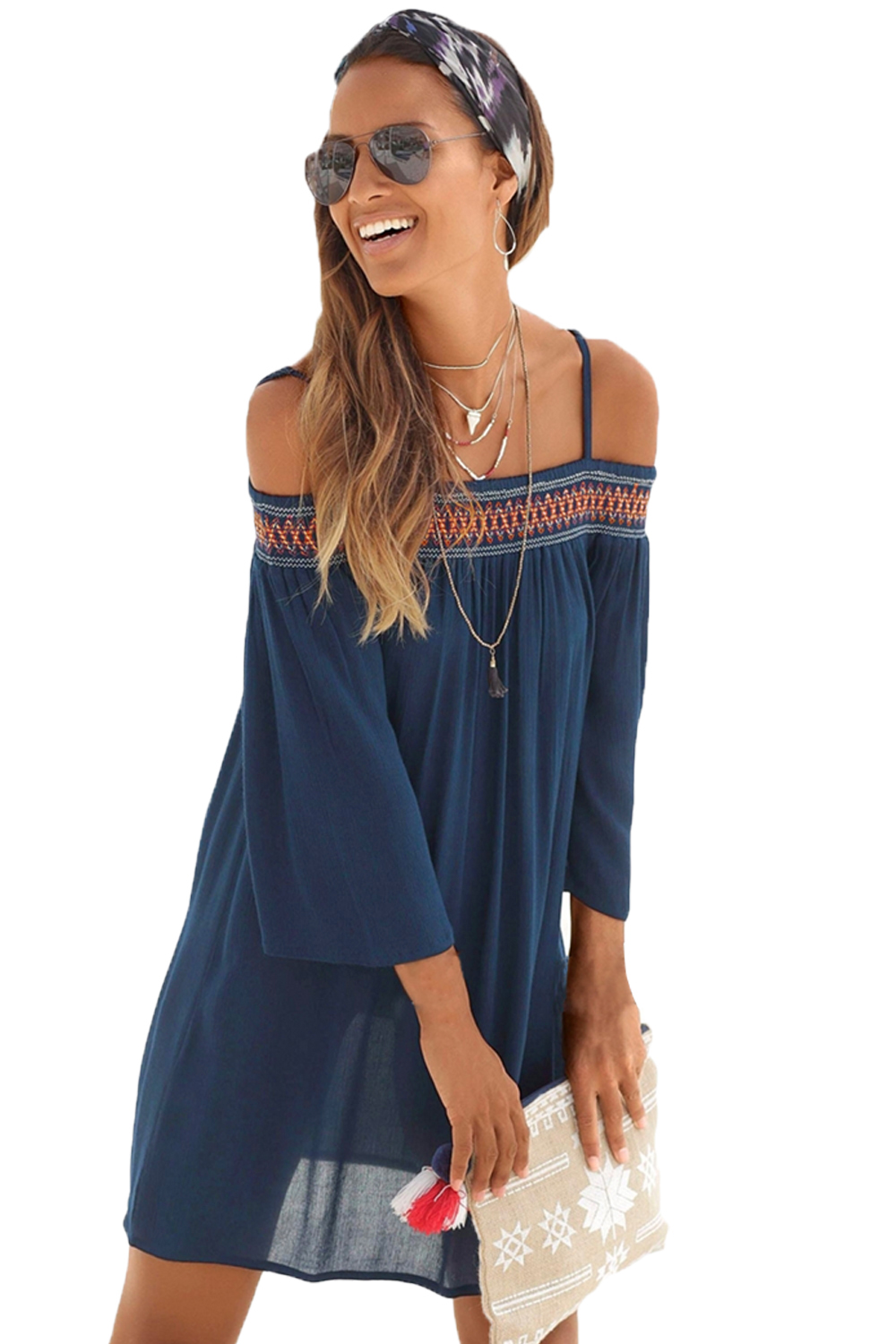 navy off shoulder embroidered neckline boho beach dress