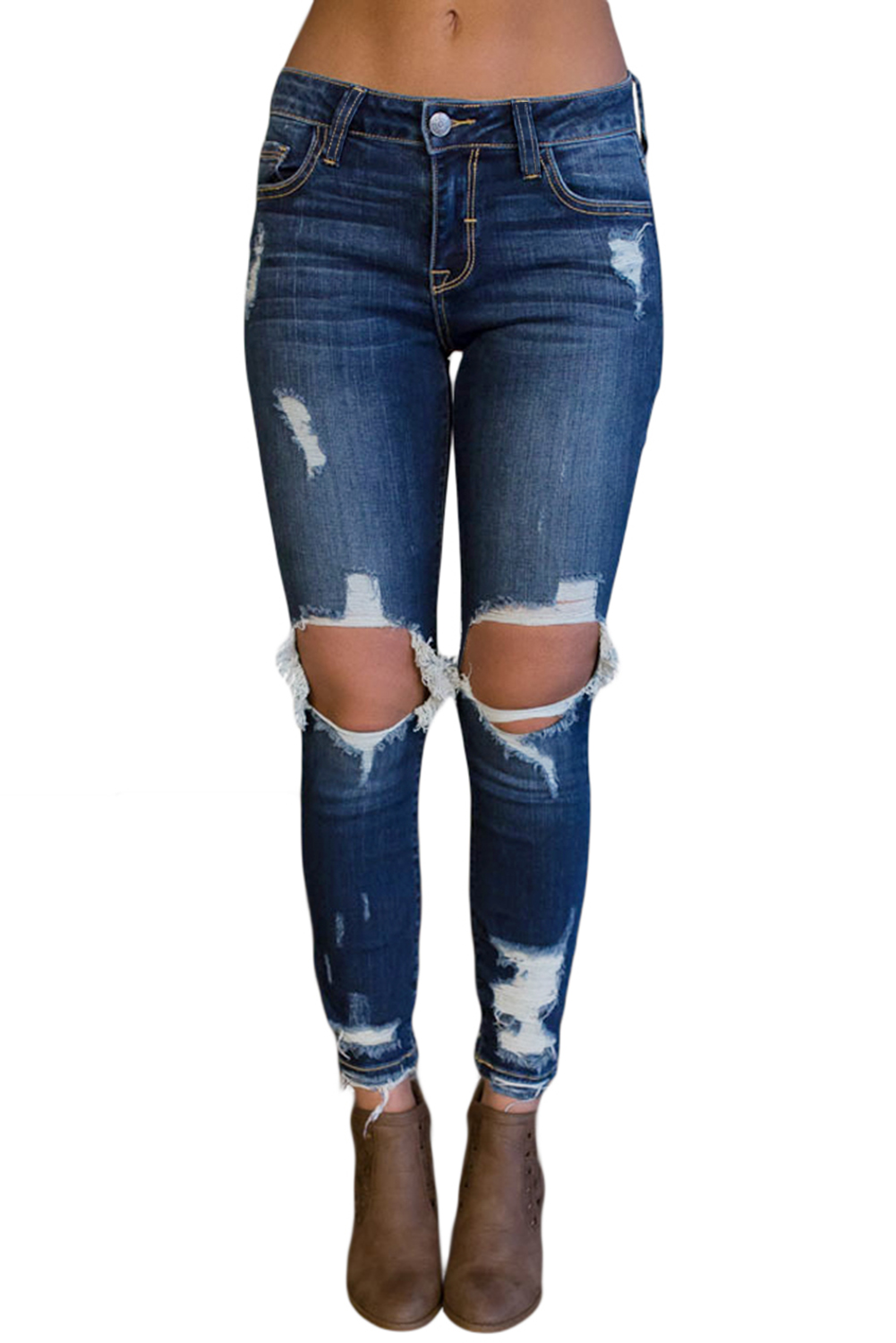 dark blue destroyed skinny jeans