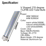 V Shaped 8ft 2.4m LED Tube Light 48W 64W Single pin FA8 R17D HO F96 T8T10T12 Fluorescent Lamp Super Bright Retrofit Bulb