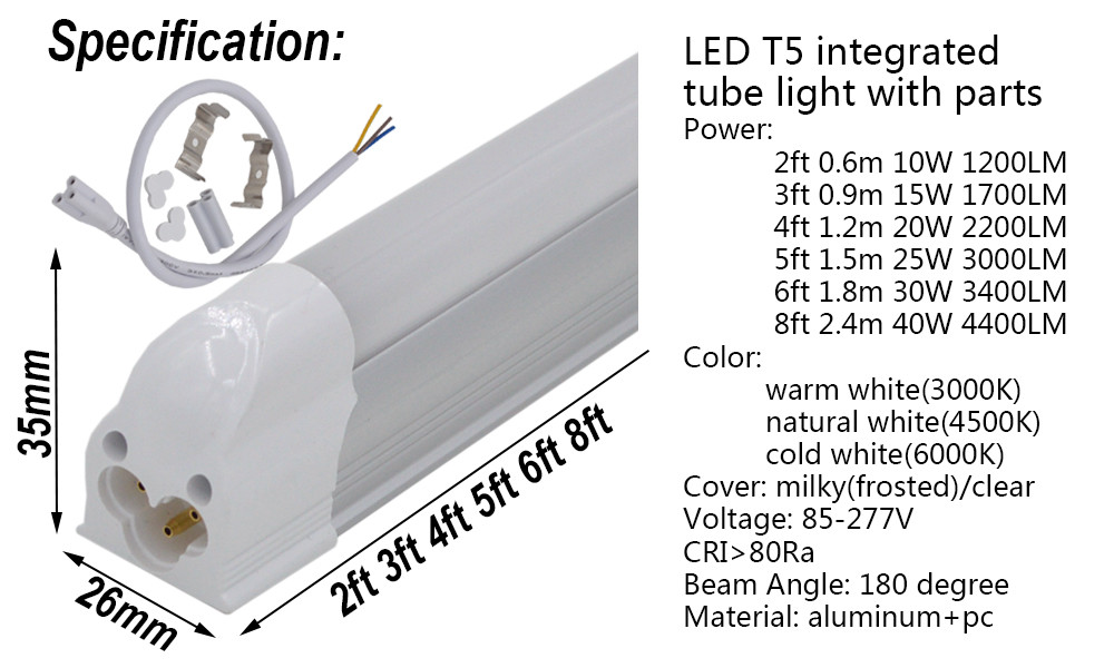 T5 Integrated Bulb Fixture 2ft 3ft 4ft 5ft 6ft 8ft LED Tube Light Slim