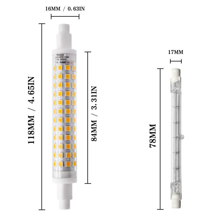 R7S LED 118mm Dimmable, 10W Soft White (3000K) 1000lm 108pcs 2835SMD AC 110V 2-Pack by Rowrun