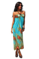 Blue Peacock Feather Print Gorgeous Dress L5056-2