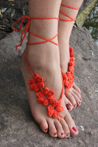 Orange Hand Made Flowery Crochet Beach Sandals L98005-3