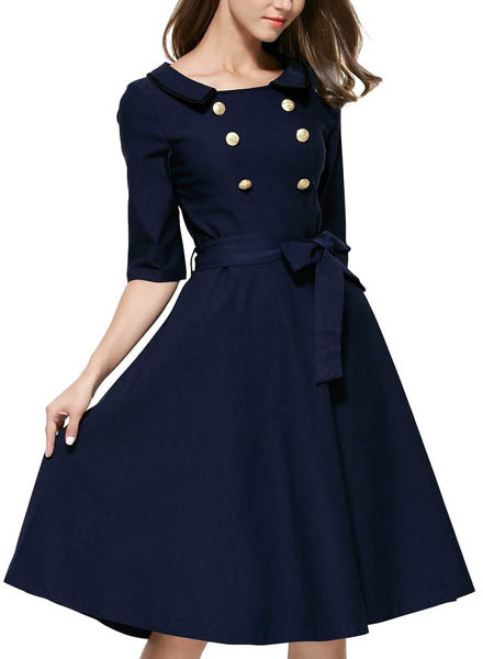 Women Double Breasted Lapel Collar Belted A Line Dress L36102