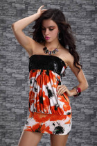 Ladys Sequin Strapless Tube Mini Dress Orange Floral Print Clubw