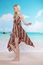 Halter Hilo Hem Beach Cover-up Coffee and Red  L3748-2