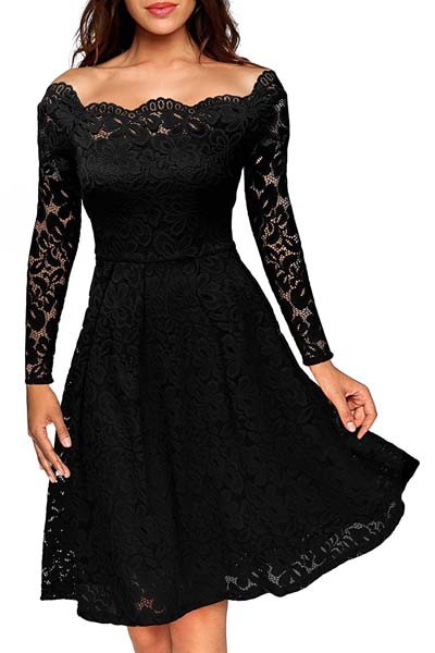 Black Long Sleeve Floral Lace Boat Neck Cocktail Swing Dress 36155-4