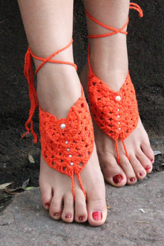 Orange Pearl Embellished Crochet Barefoot Sandals L98003-1