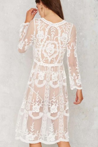 Long Sleeve Floral Lace Midi Dress L38308