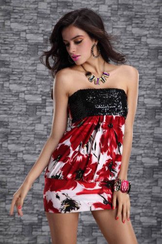 Ladys Sequin Strapless Tube Mini Dress Red Floral Print Clubwear