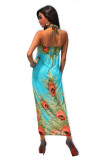 Blue Peacock Feather Print Gorgeous Dress L5056-2