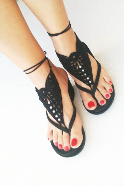 Black Pearl Embellished Crochet Barefoot Sandals L98003-4