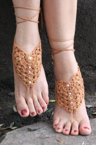 Khaki Pearl Embellished Crochet Barefoot Sandals L98003-2
