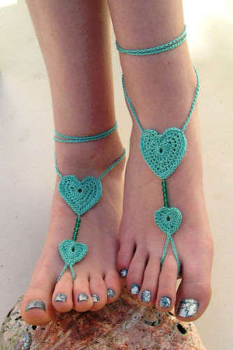 Green Crochet Sweetheart Beaded Barefoot Sandals L98006-2