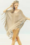 Khaki Knit Fringed Poncho Beachwear L38235-1