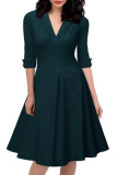 Women Retro Deep-V Neck Elegant Sleeve Dress L36109-1