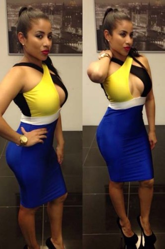 yellow/blue color block Bodycon Dresses L2745-1