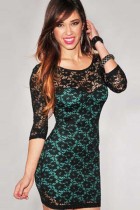 Green Round Neck Slim Package Hip Hollow Long Sleeve Dress L2769