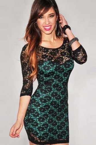 Green Round Neck Slim Package Hip Hollow Long Sleeve Dress L2769