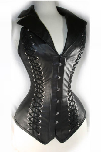Back Strap and Front Collar Leather Corset L4201-2