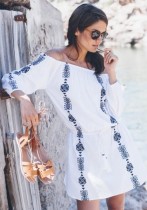 White Beach Dress with Navy Embroidery L38420-1