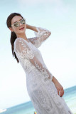 White Long Sleeve O-Neck See Through Sexy Lace Embroidered Beach
