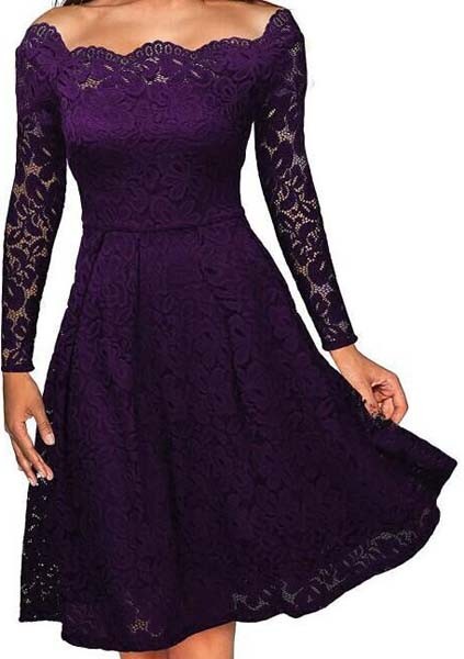 Purple Long Sleeve Floral Lace Boat Neck Cocktail Swing Dress 36155-1