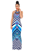 Blue Tribal Print Halter Backless Slit Sexy Bodycon Maxi Dress 51408-1
