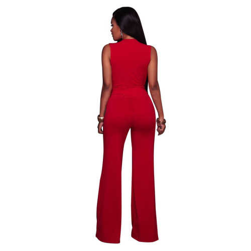 Sabella Red  Plunging V-Neck Jumpsuit 55335-3