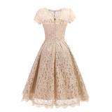Women's Vintage Short Sleeve Lace Evening Party Swing Dress 36203-1
