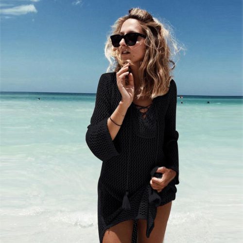 Black Lace-up Neck Long Fishnet Beachwear Dress L384944-1