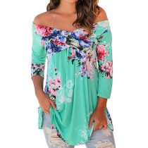 Sexy Off Shoulder Drape Floral 3/4 Sleeve Loose Casual Tops