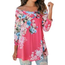 Sexy Off Shoulder Drape Floral 3/4 Sleeve Loose Casual Tops