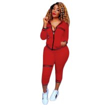 Trendy Zipper Up Casual Pantsuit With Hooded