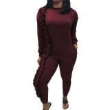 Solid Color Long Sleeve Fungus Edge Monos Jumpsuits