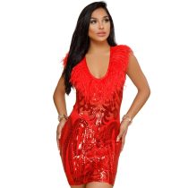 Women Sequins Feather Party Cocktail Dress