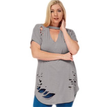 Womens Plus Size Ripped Cut Out Plain Short Sleeve T Shirt Grey