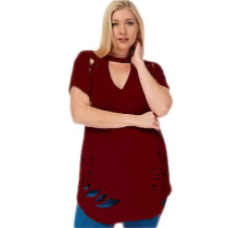 Womens Plus Size Ripped Cut Out Plain Short Sleeve T Shirt Wine Red