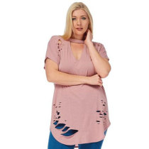 Womens Plus Size Ripped Cut Out Plain Short Sleeve T Shirt Pink