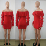 Red Ruffle Sleeve Slash Neck Bodycon Dress