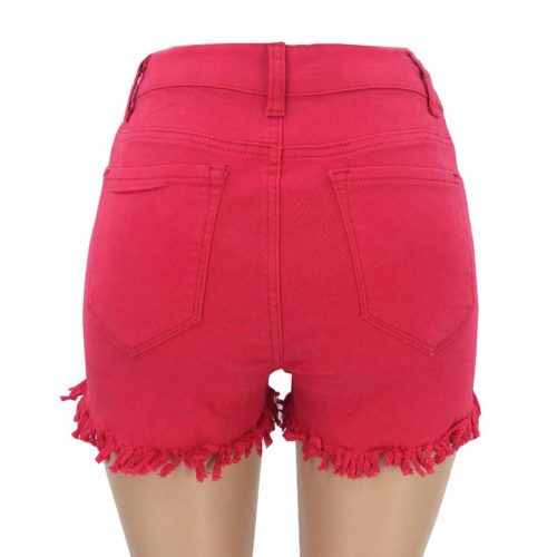 Red Short Jeans With Ruffle Trims