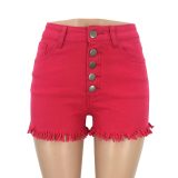 Red Short Jeans With Ruffle Trims