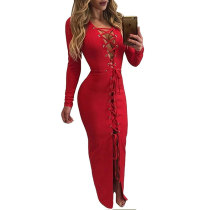Red Lace up Front Long Evening Cocktail Dress