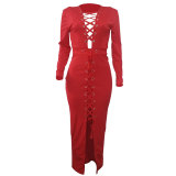 Red Lace up Front Long Evening Cocktail Dress